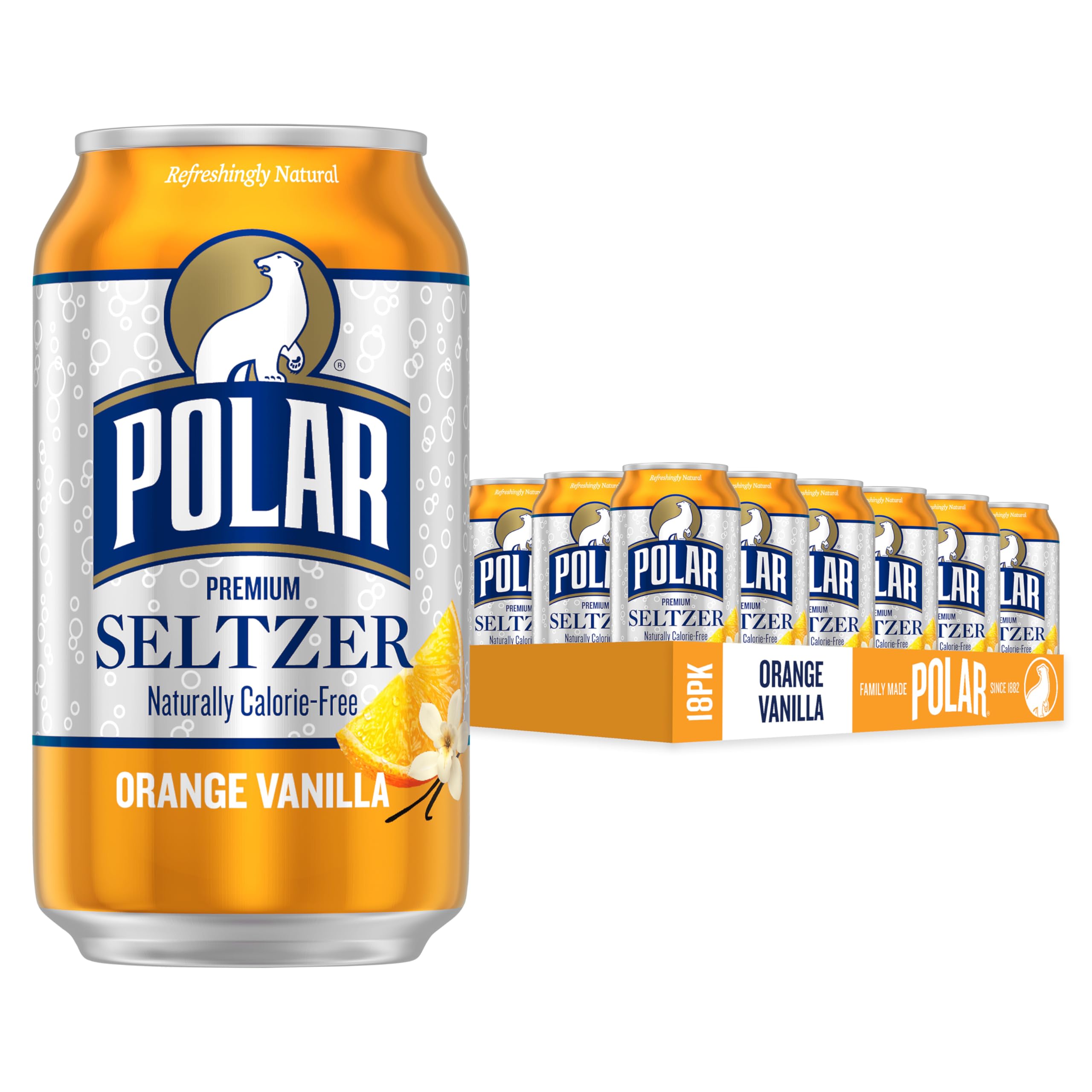 Polar Seltzer Orange Vanilla being poured into a glass, crisp, zero-calorie refreshment.