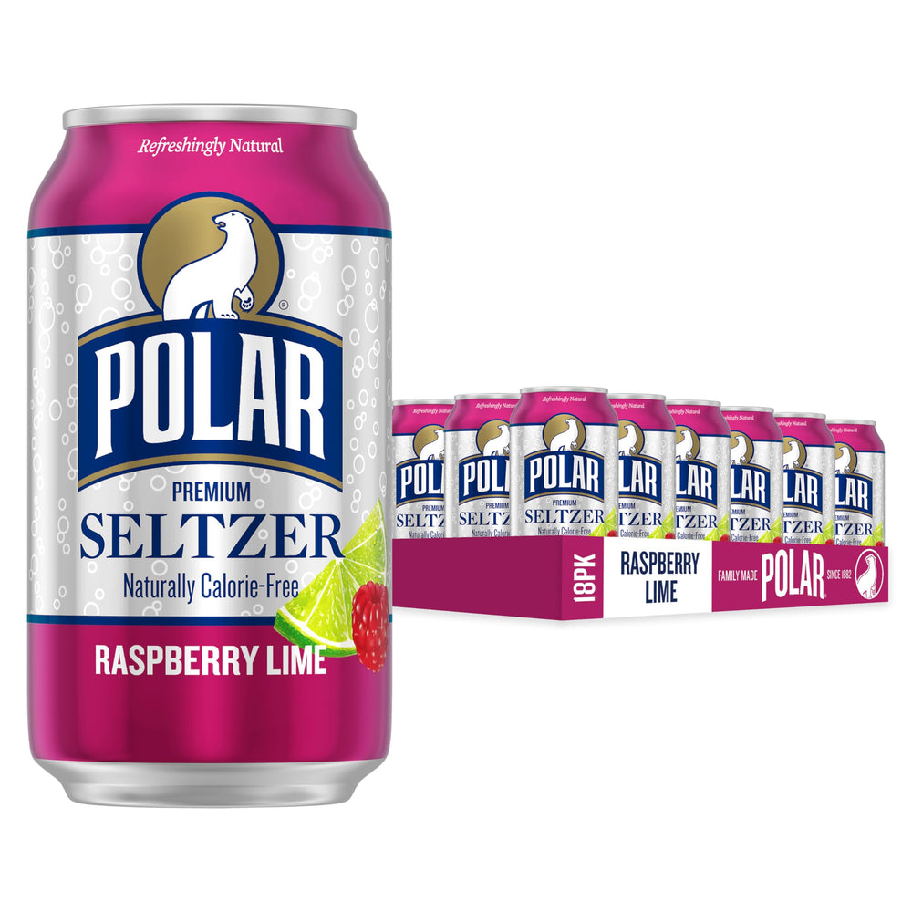 Polar Seltzer Raspberry Lime can with crisp bubbles for refreshing hydration.