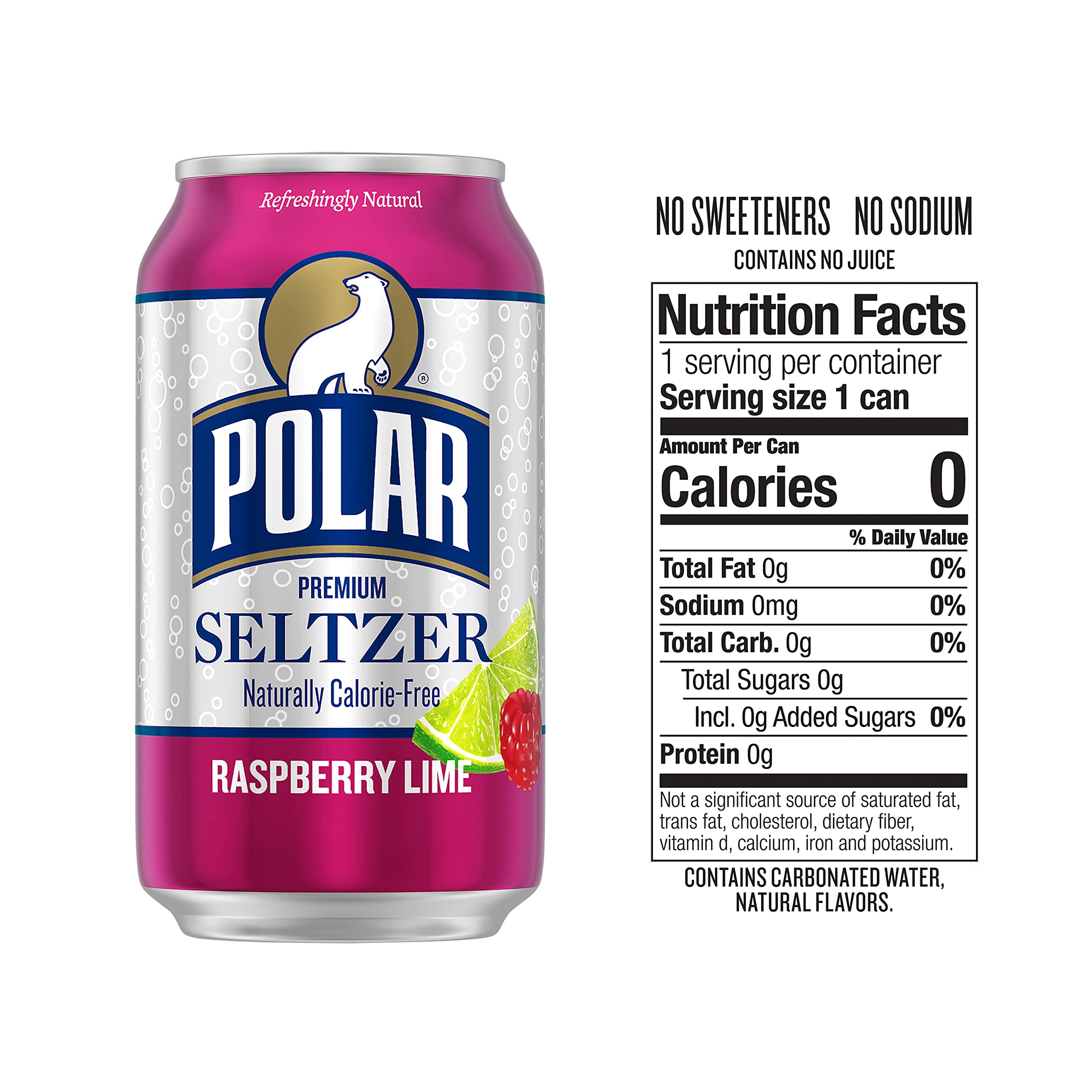 Polar Seltzer Raspberry Lime pack shows 18-pack for on-the-go refreshment.