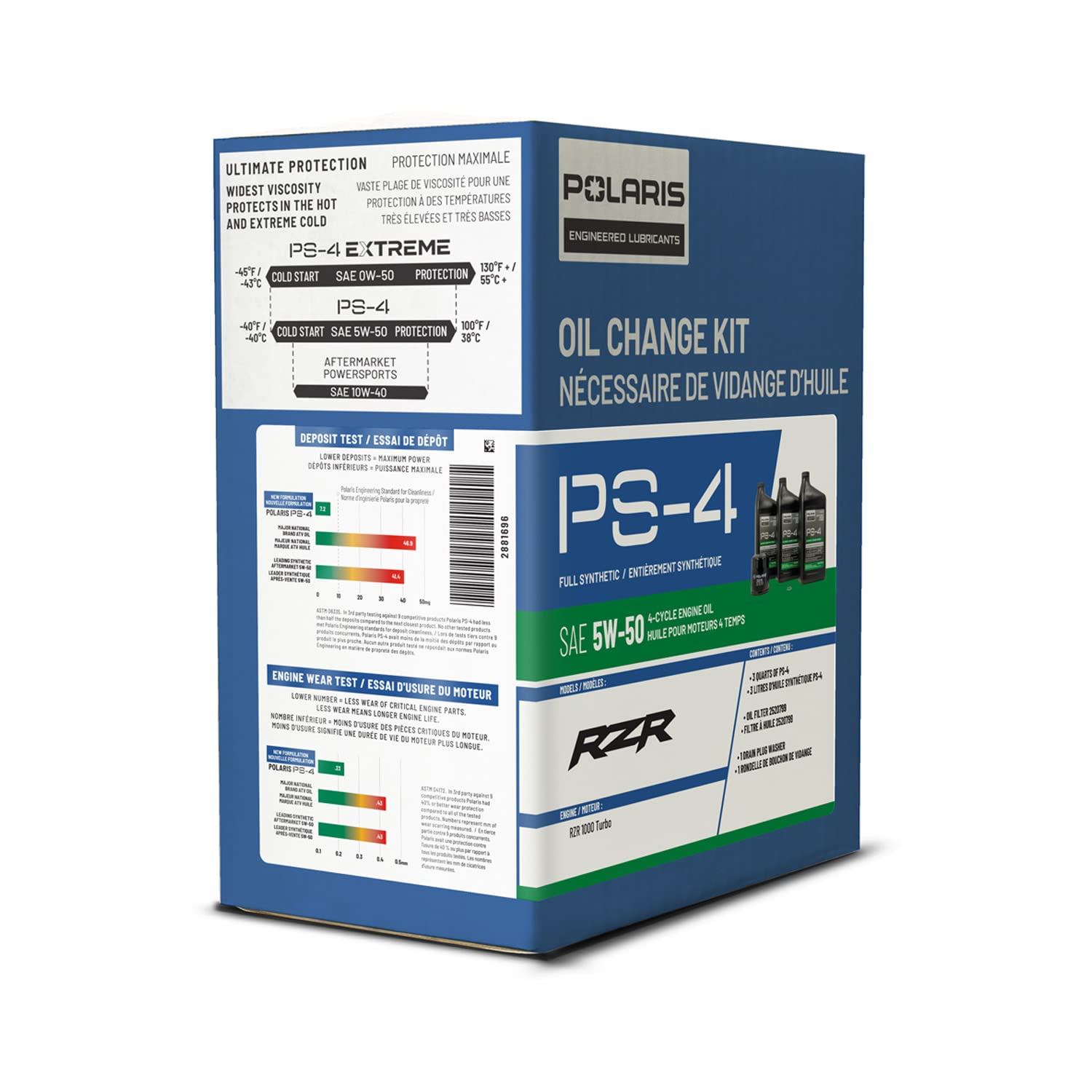 Polaris PS4 kit contents layout showing oil, filter, and washer