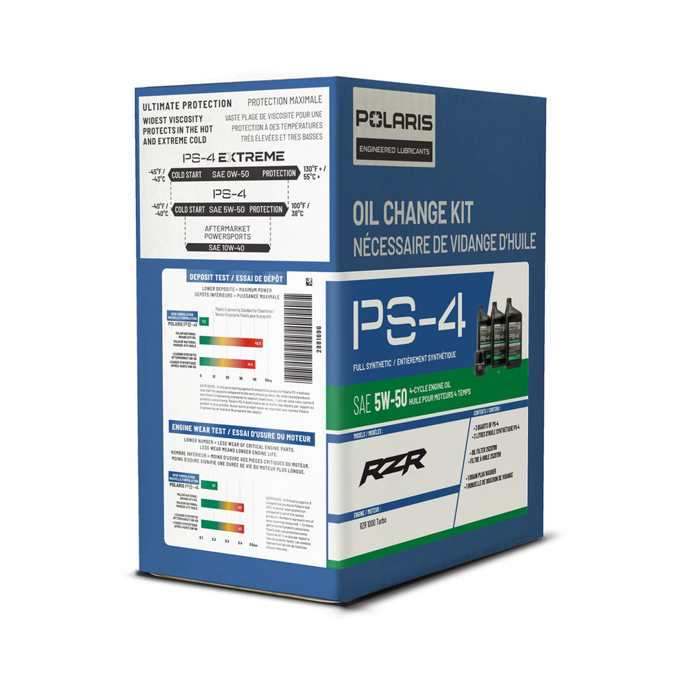 Polaris PS4 kit contents layout showing oil, filter, and washer