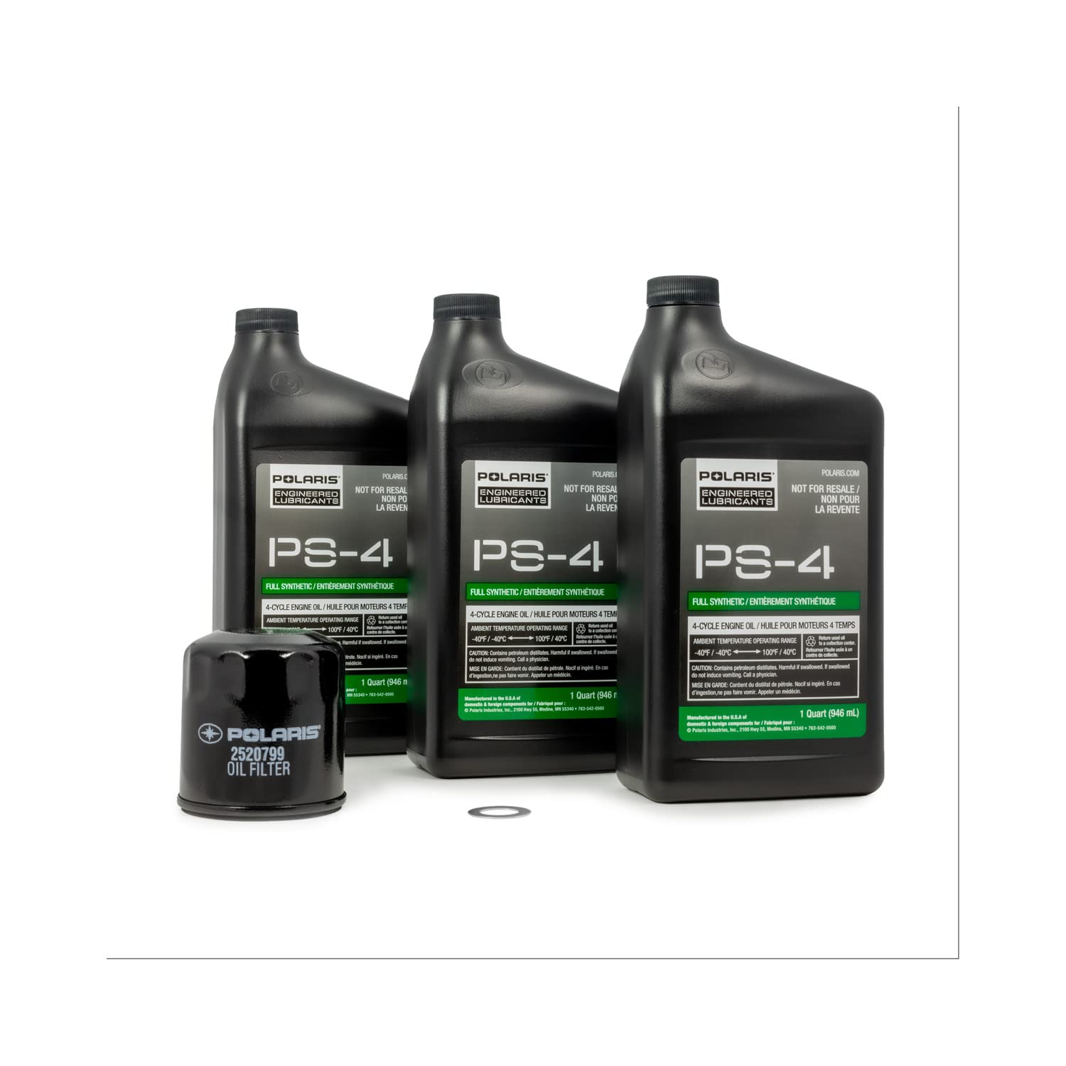 Polaris PS4 oil bottle with full synthetic oil for high-performance four-stroke engines