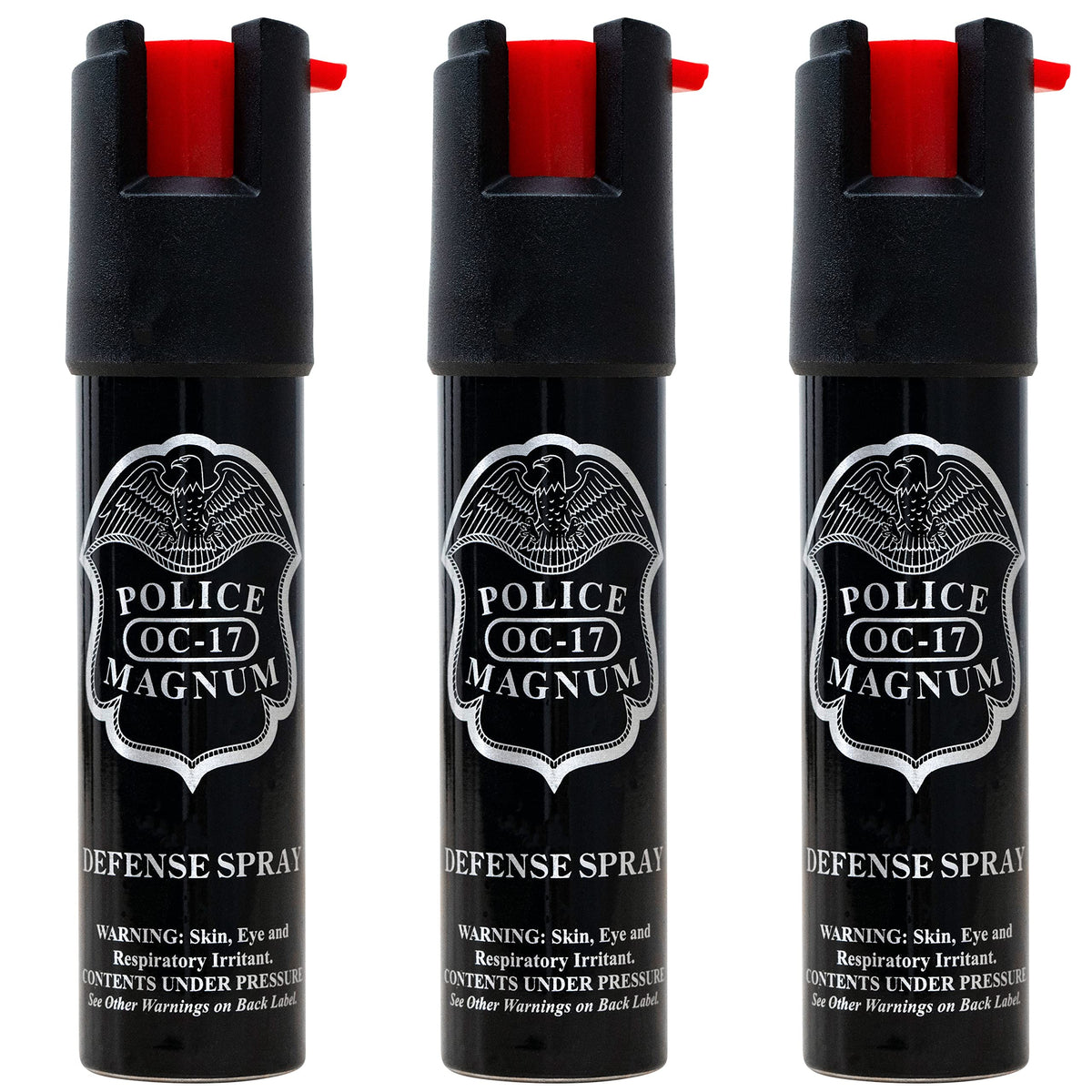 Police Magnum compact pepper spray canister in hand for personal safety.