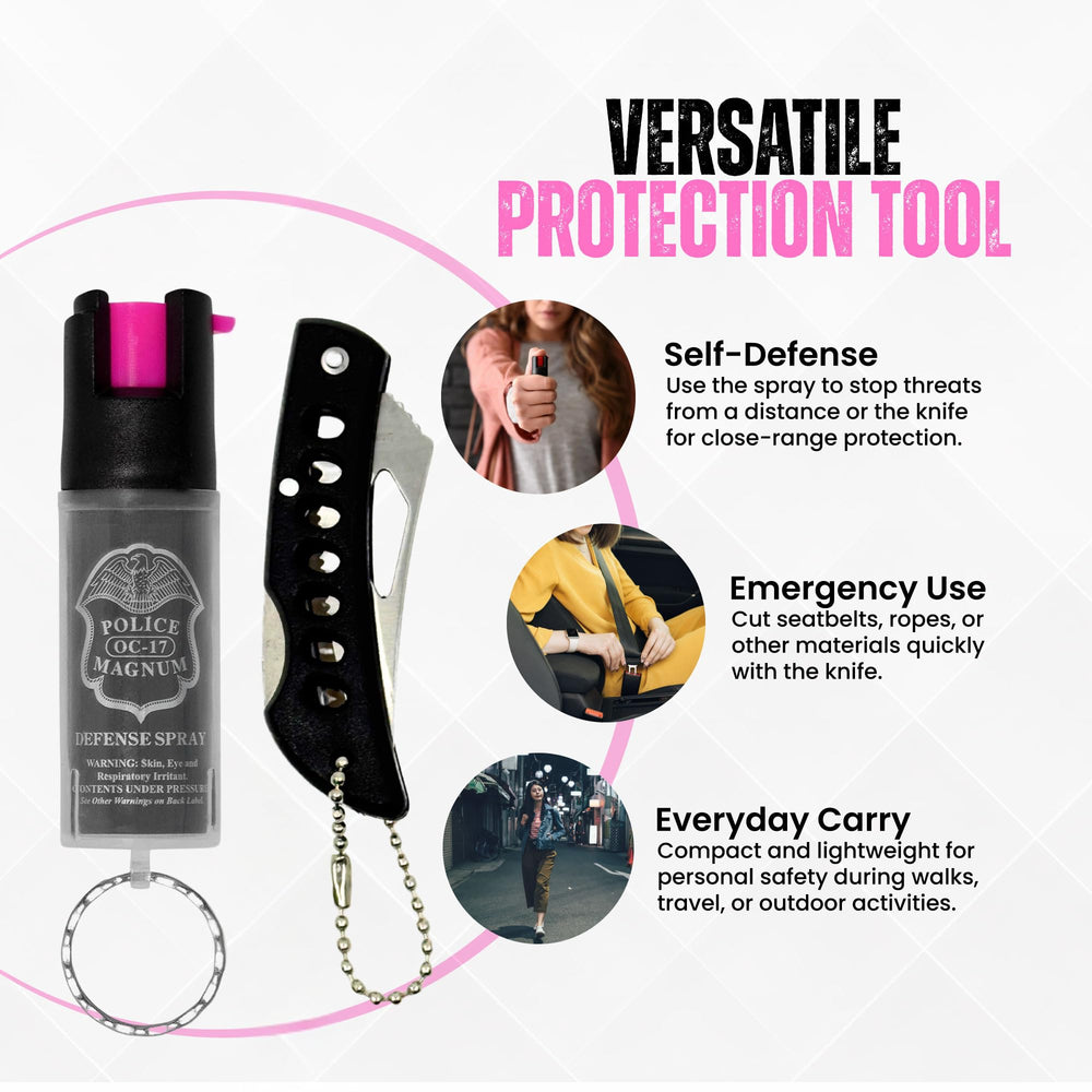 Police Magnum Mini Pepper Spray with clear sleeve for visibility and quick access