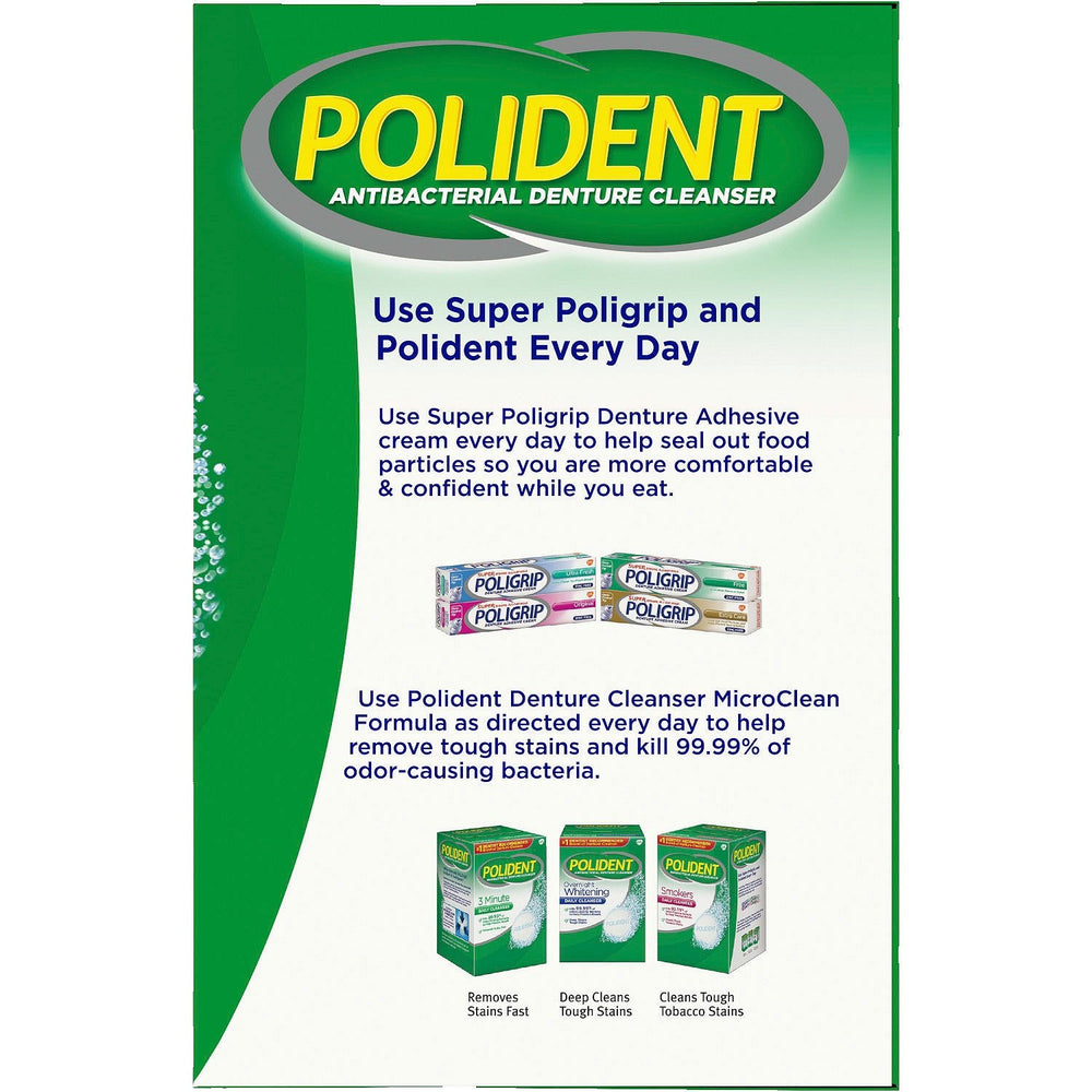 Polident denture close-up shows gentle cleaning action.