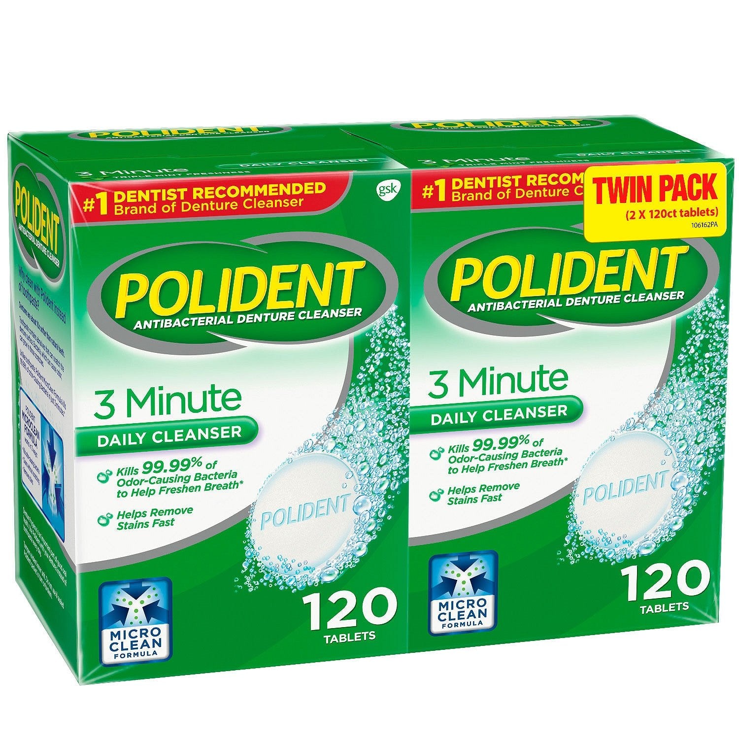 Polident icon indicating odor-causing bacteria reduction.