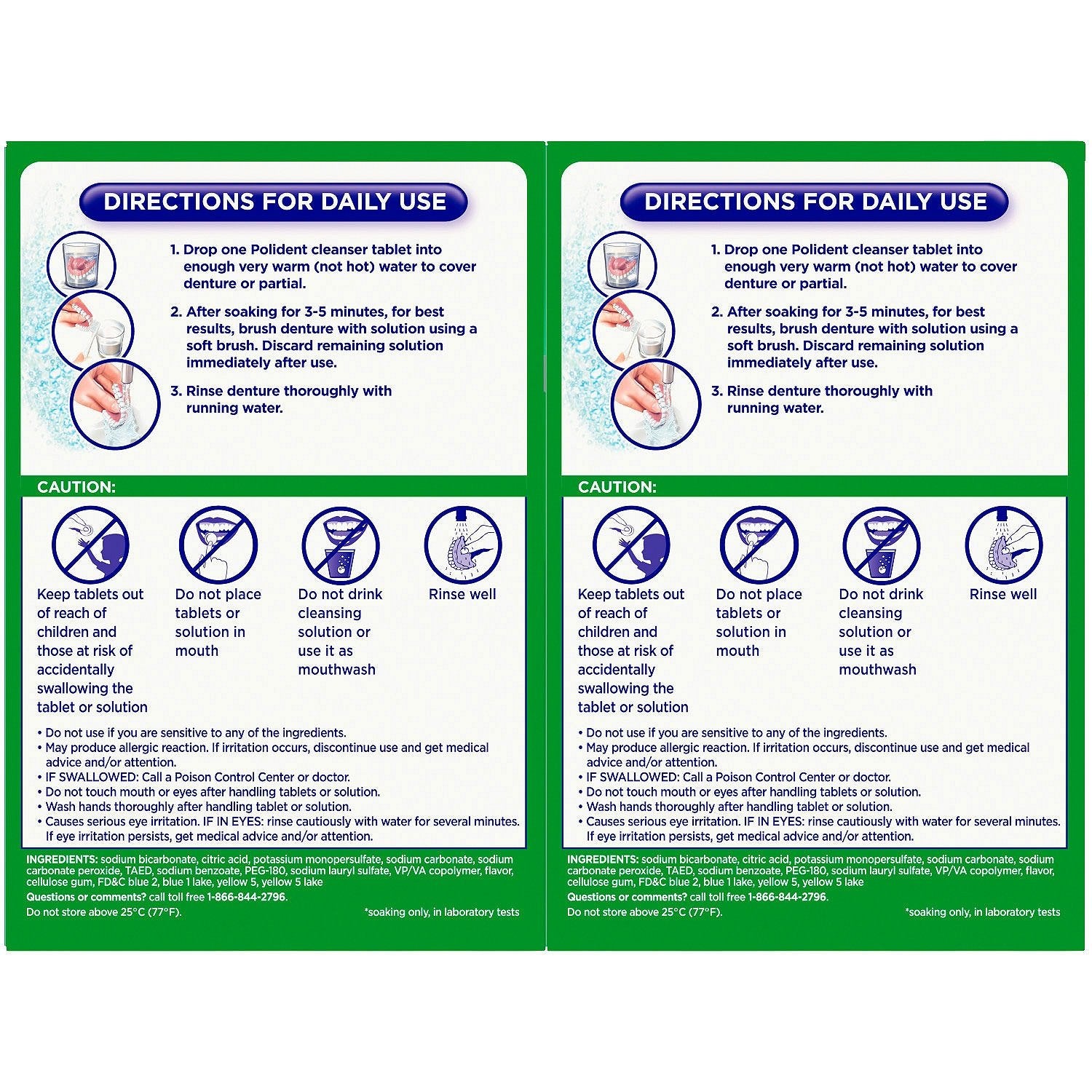 Polident pack of 2 cleansers for convenient denture care.