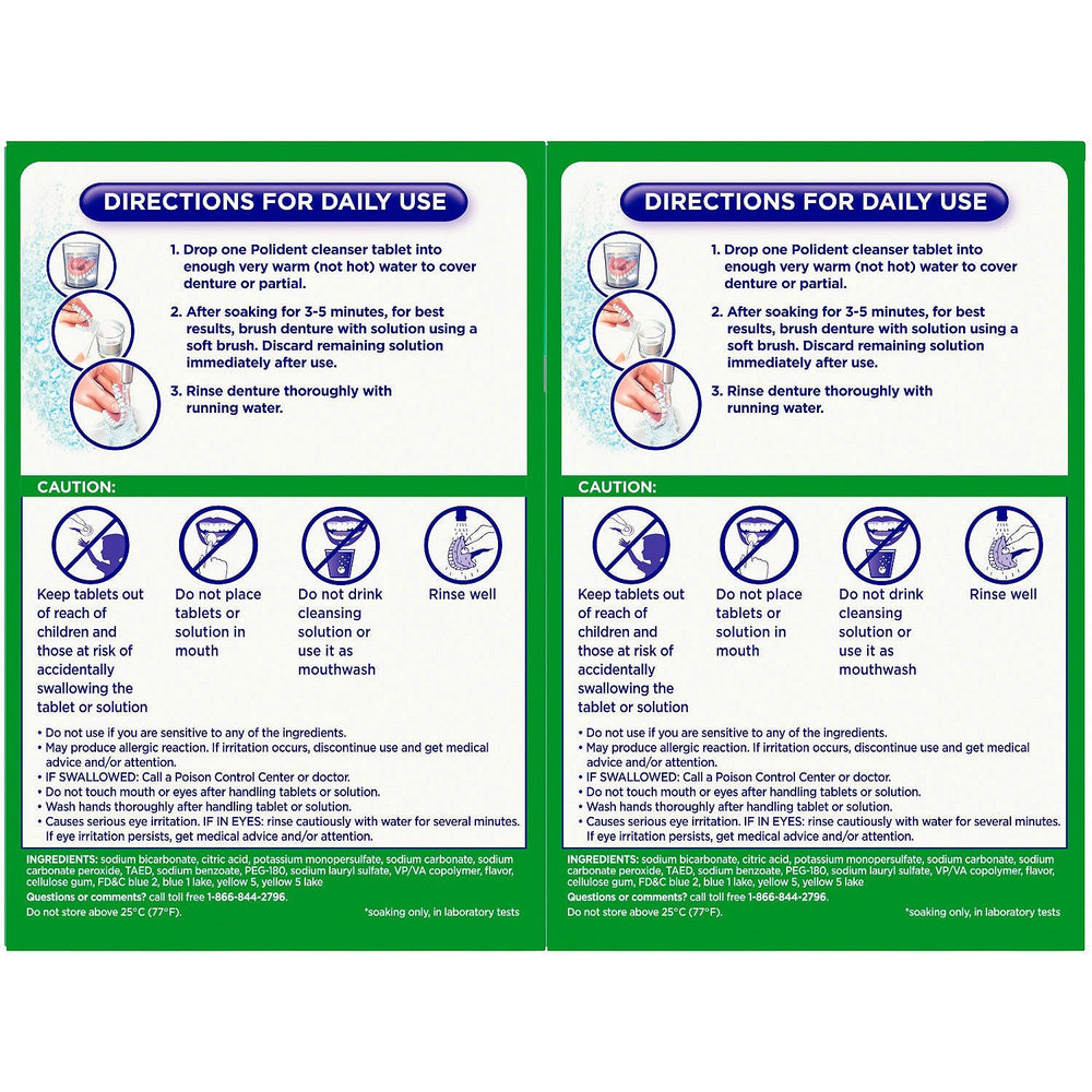 Polident pack of 2 cleansers for convenient denture care.