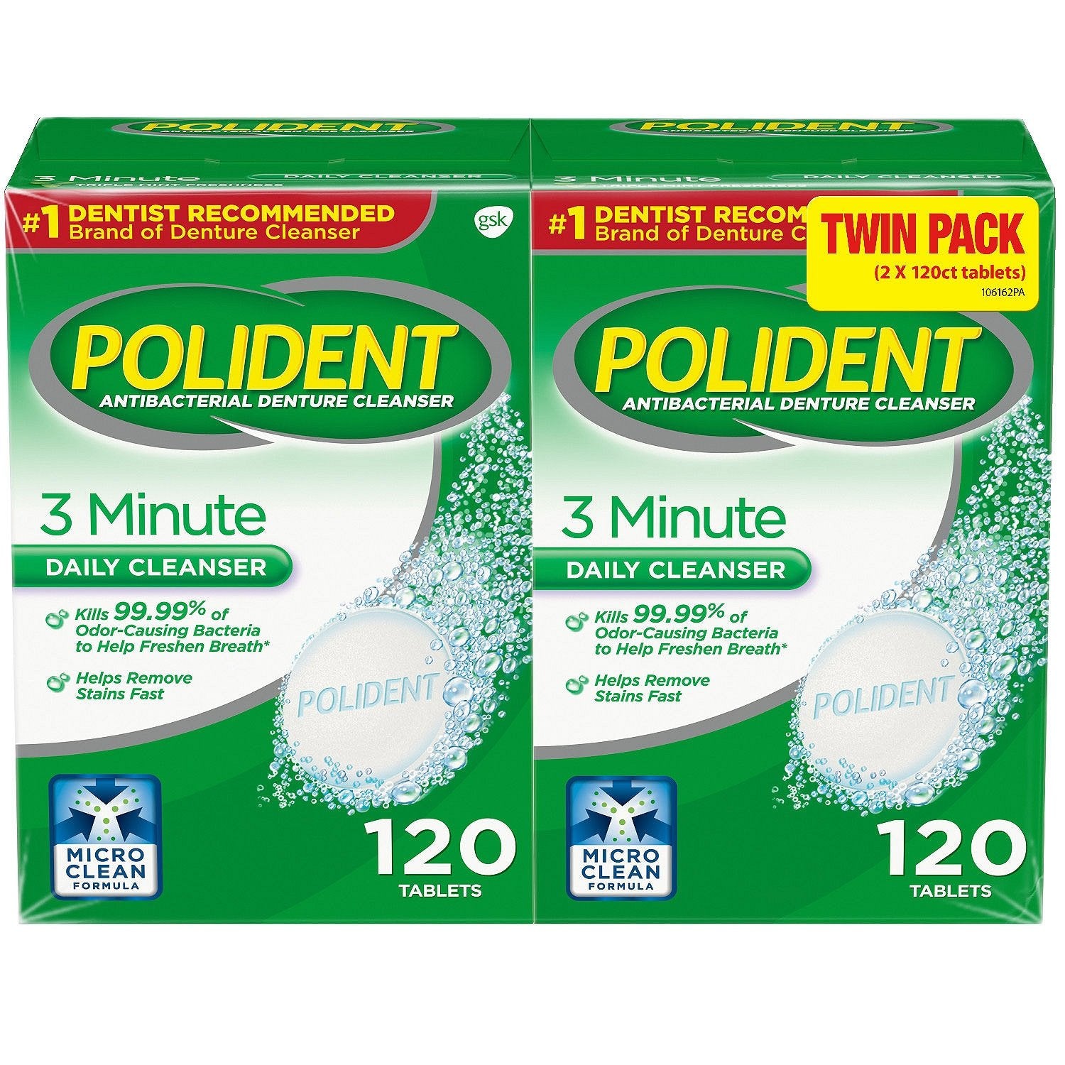 Polident 3 Minute tablets dissolving rapidly to start denture cleansing.