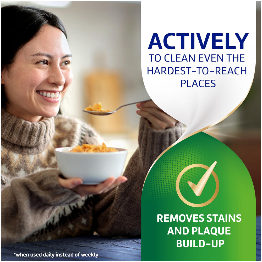 Polident aligner cleaner removes residue from clear aligners.