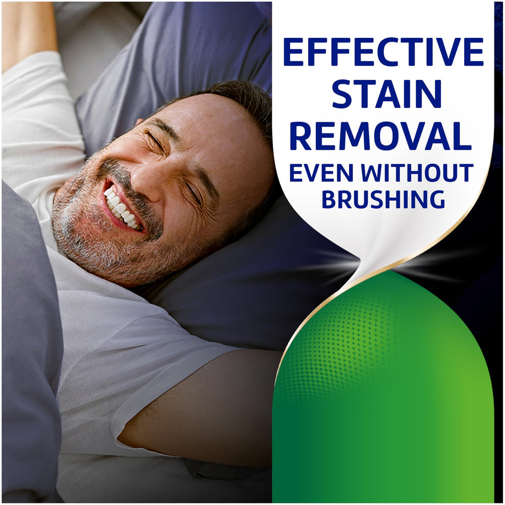 Polident denture cleaning tablets dissolve stains on full and partial dentures.