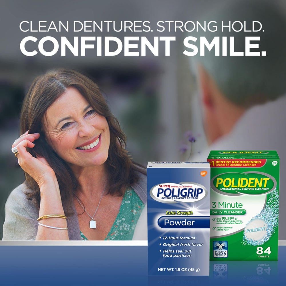Daily denture care routine featuring Poligrip powder