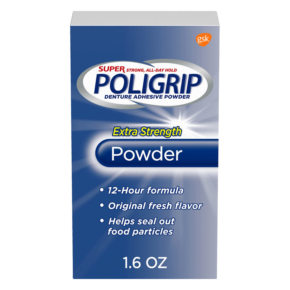 Poligrip extra strength denture powder bottle offers a secure 12 hour hold