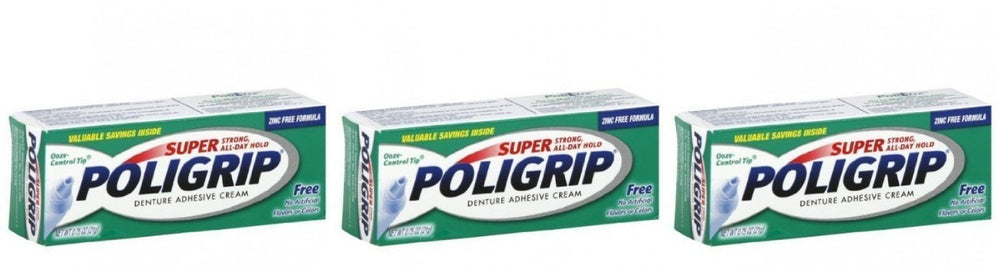 Poligrip travel-size denture adhesive cream tube for secure all-day hold during meals.