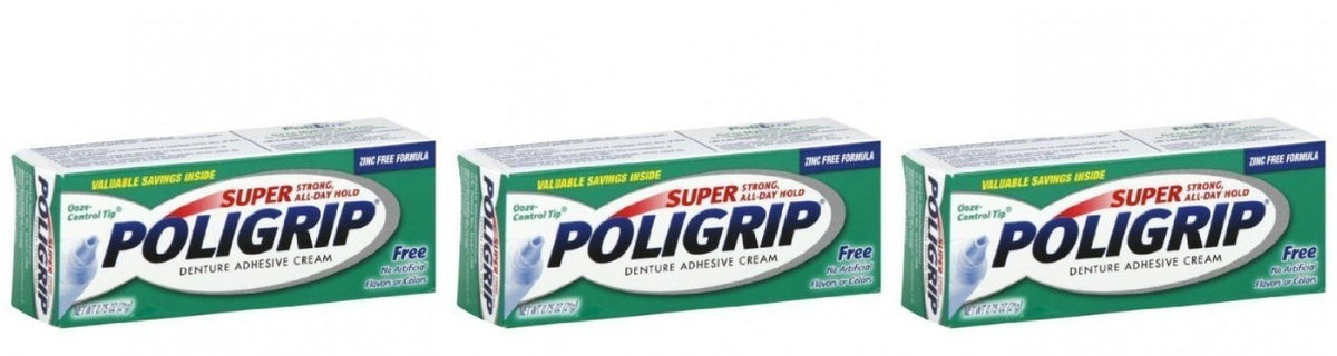 Poligrip travel-size denture adhesive cream tube for secure all-day hold during meals.