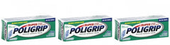 Poligrip travel-size denture adhesive cream tube for secure all-day hold during meals.