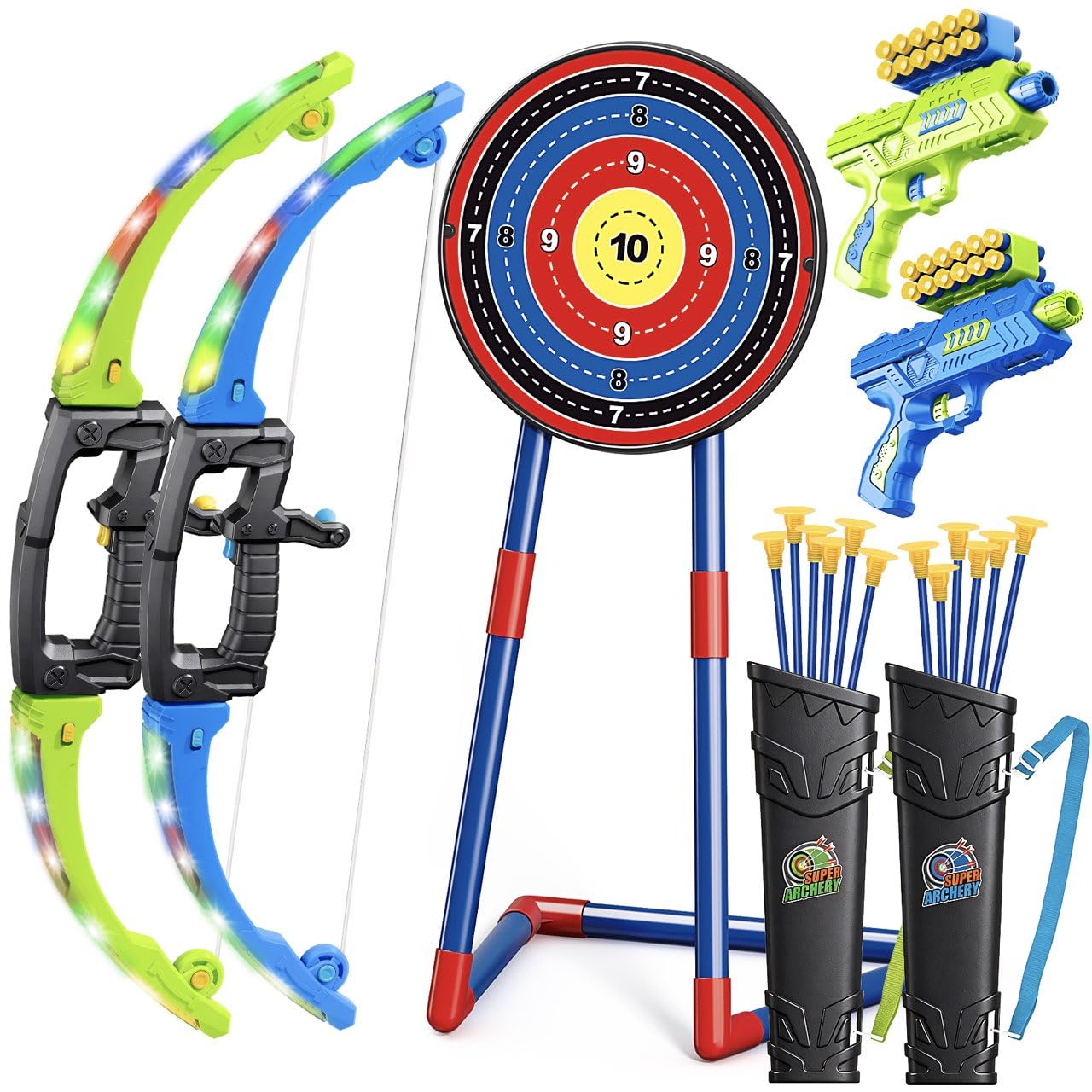 Polokping LED bow and arrow set with glow for evening target practice.