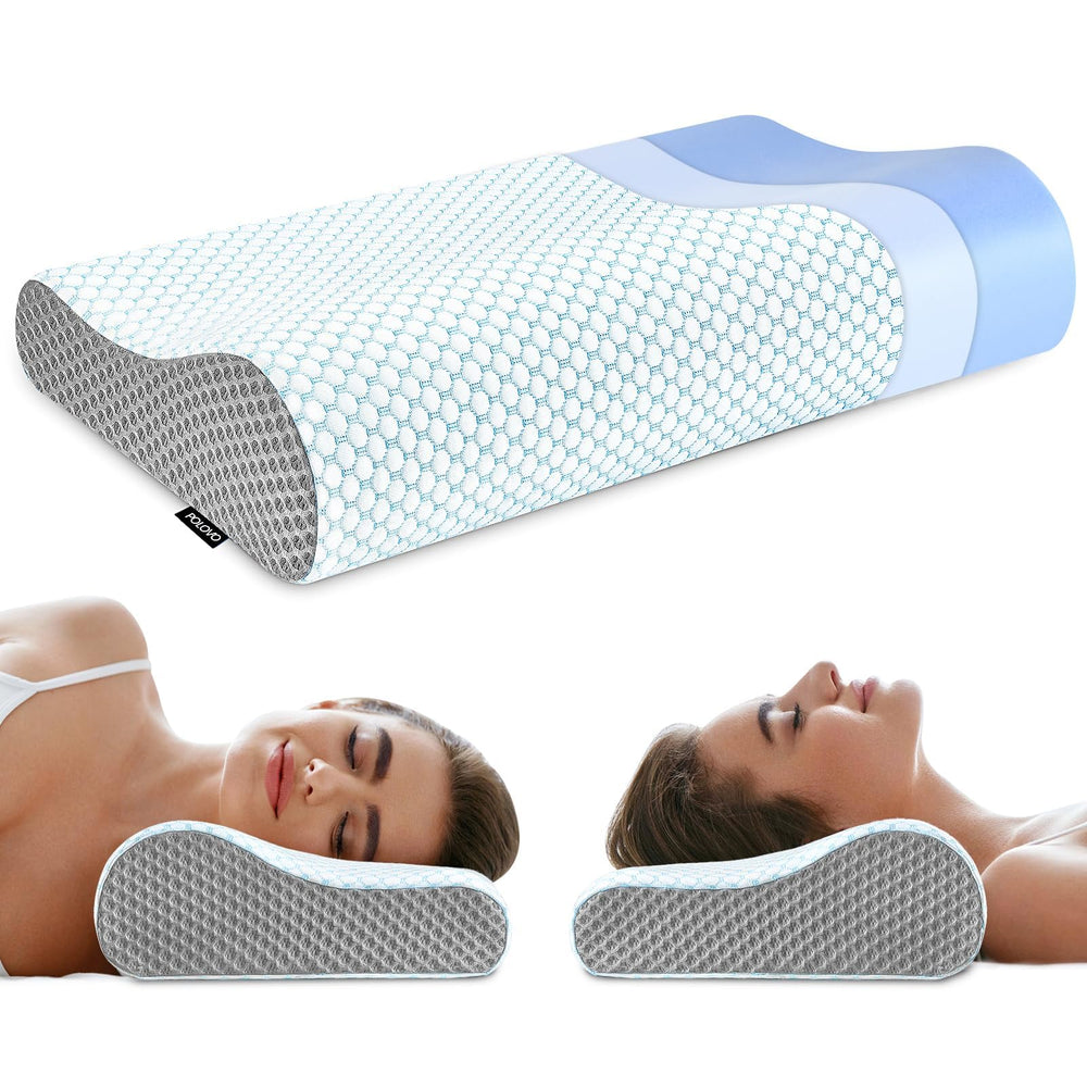 Polovo memory foam pillow full view in blue and grey offers all-night comfort.
