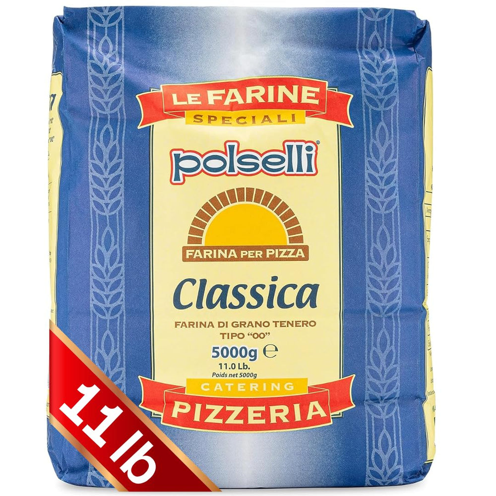 Polselli Classica 00 flour bag shows premium Italian flour ideal for Neapolitan pizza.