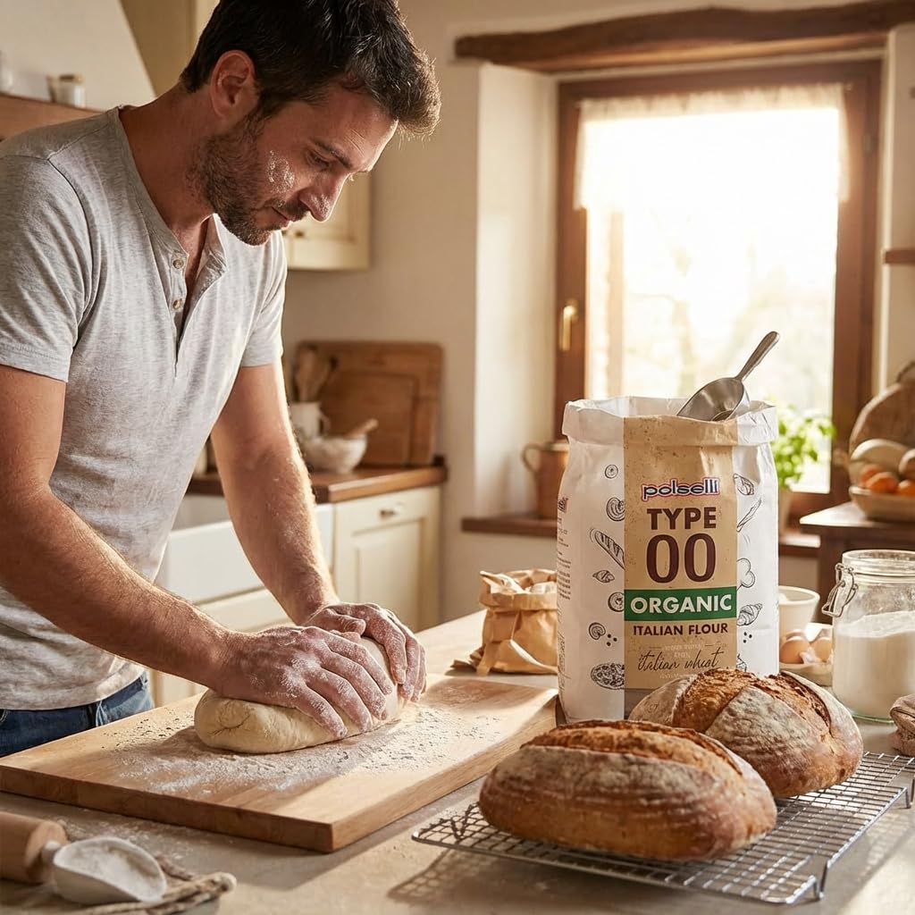 POLSELLI Organic 00 flour in a rustic Italian kitchen scene