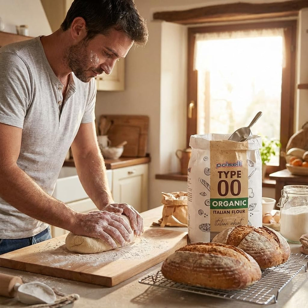 POLSELLI Organic 00 flour in a rustic Italian kitchen scene