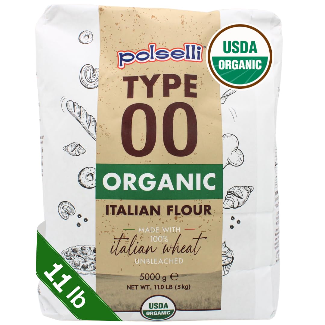 POLSELLI Organic Tipo 00 flour packaging on a kitchen counter, premium Italian ingredient