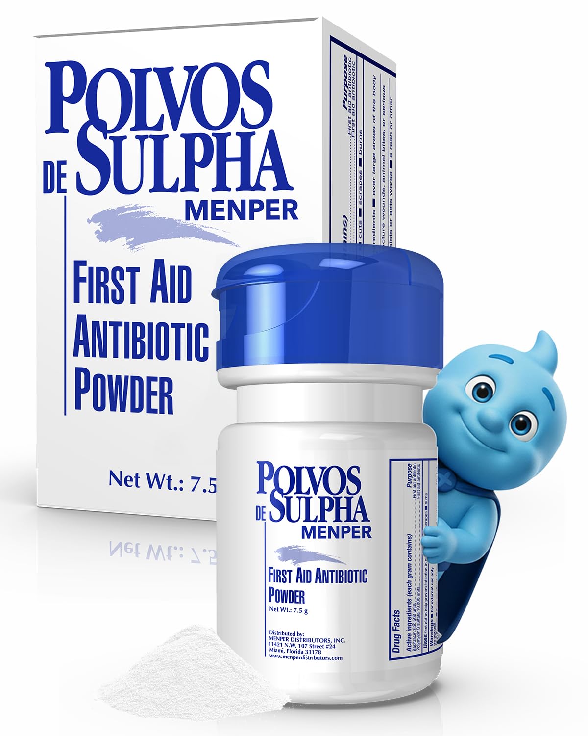 Polvos de Sulpha first aid powder bottle front for on the go care.
