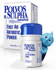 Polvos de Sulpha first aid powder bottle front for on the go care.