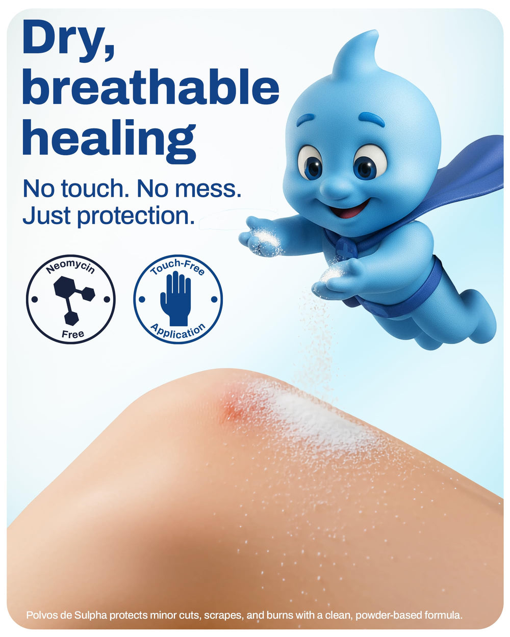 POLVOS DE SULPHA MENPER fine-dusting application for clean, mess-free use on damaged skin.