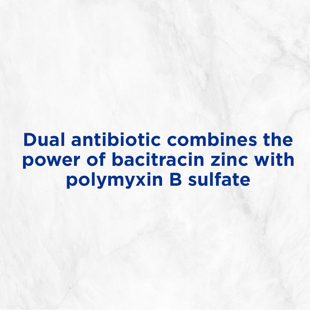 Polysporin ointment label shows bacitracin zinc and polymyxin B ingredients.