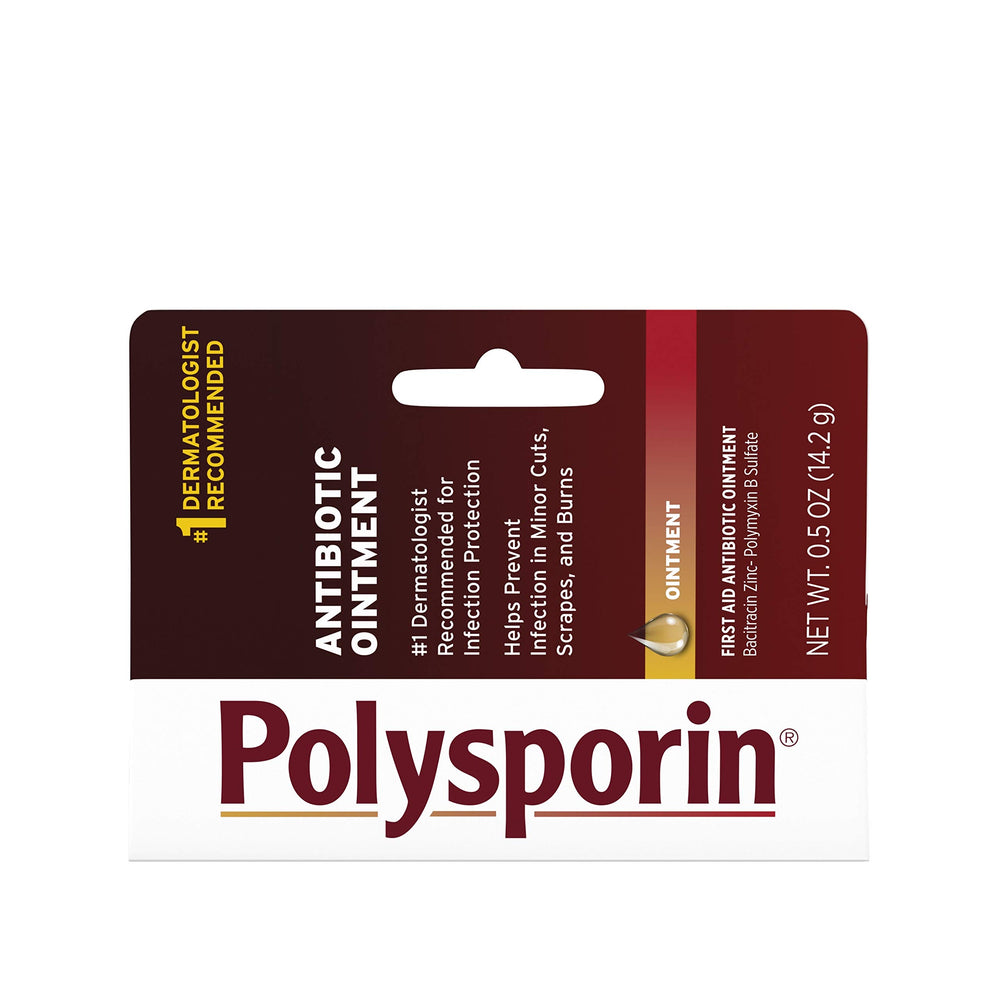 Polysporin ointment label highlights a neomycin-free formula.