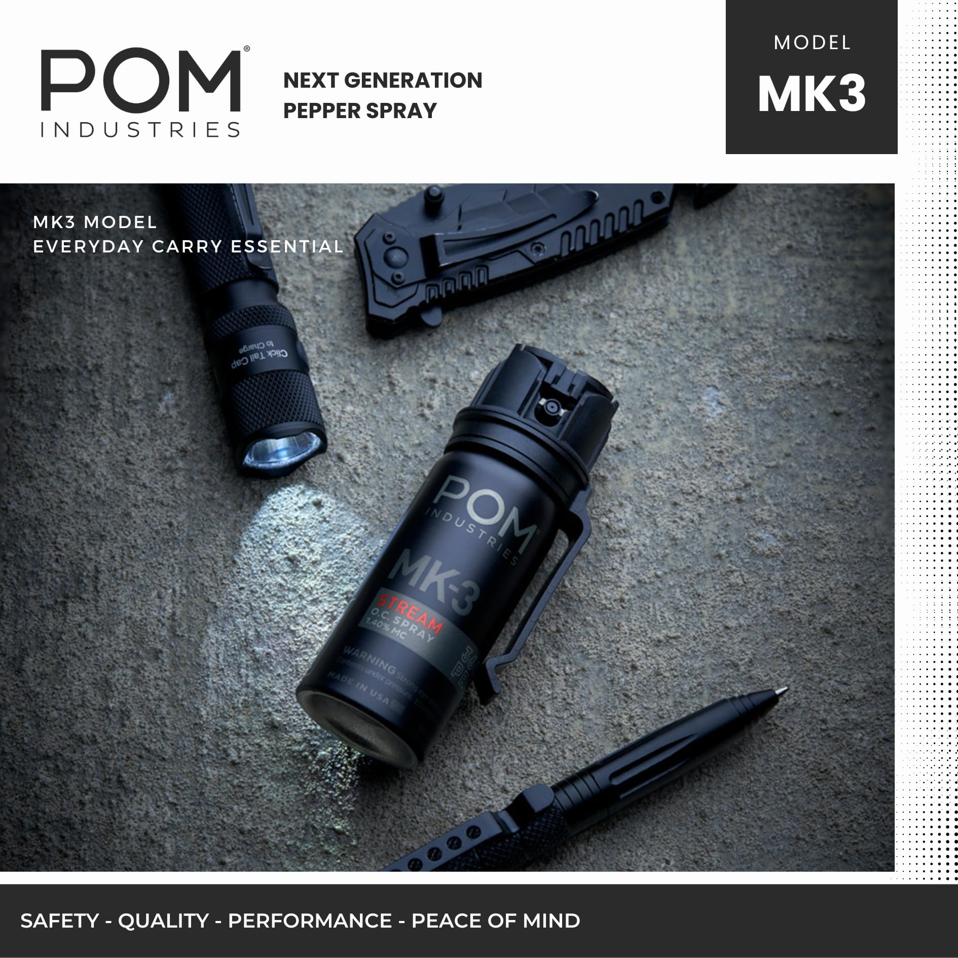 POM MK3 18 ft range highlights spray reach for personal safety.