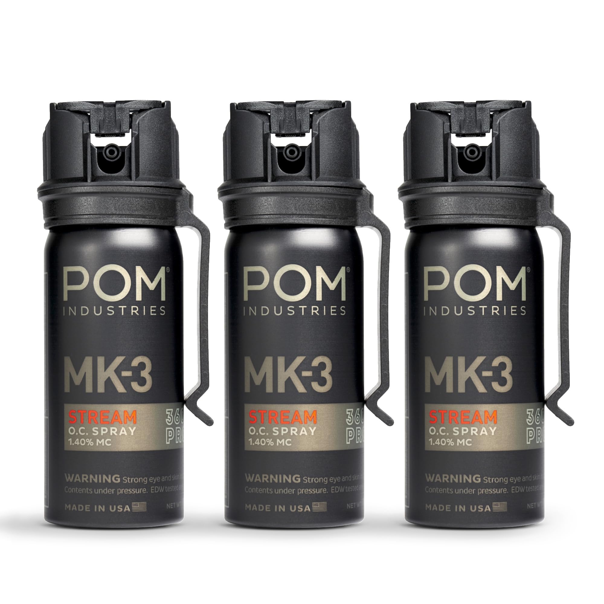 POM MK3 pepper spray with belt clip for fast access.