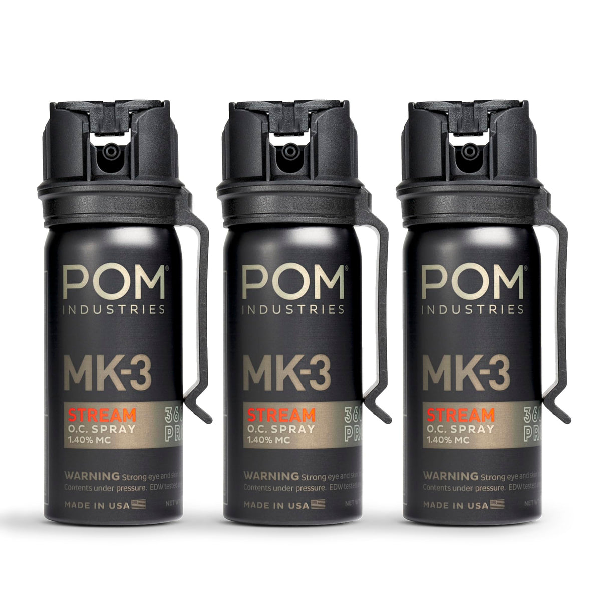 POM MK3 pepper spray with belt clip for fast access.