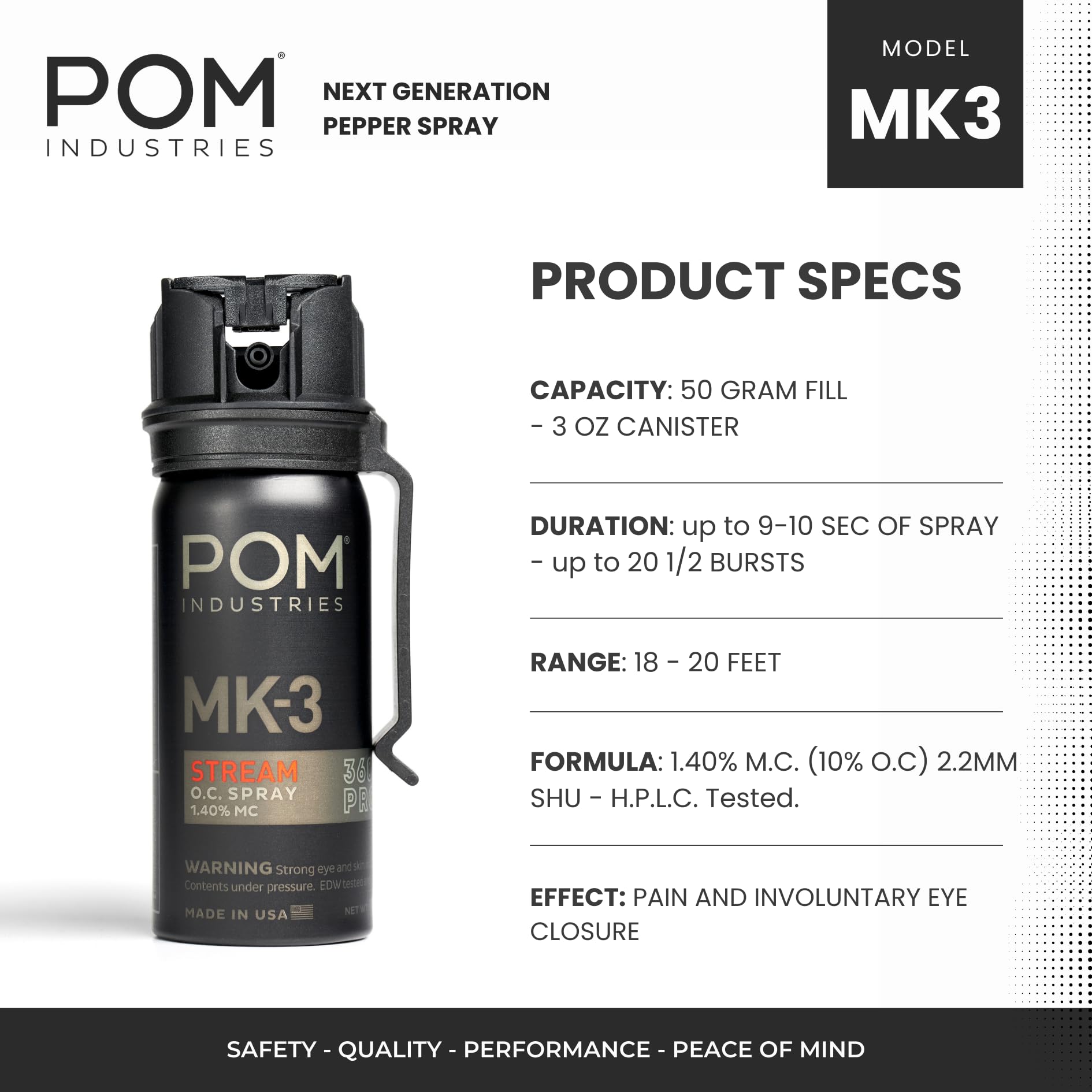 POM MK3 flip-top safety enables ready-to-fire control.