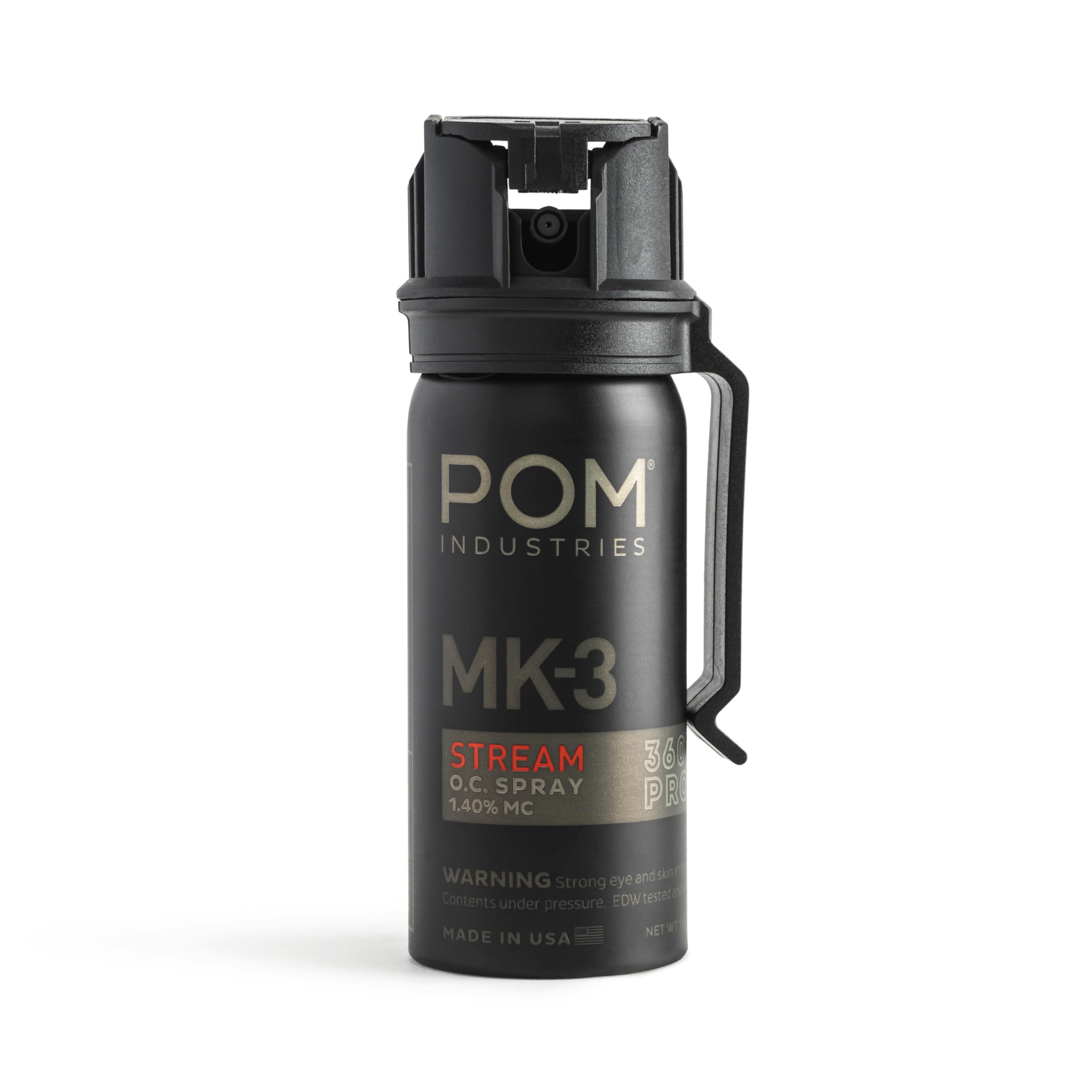 POM MK3 pepper spray front view with belt clip for fast, reliable access.