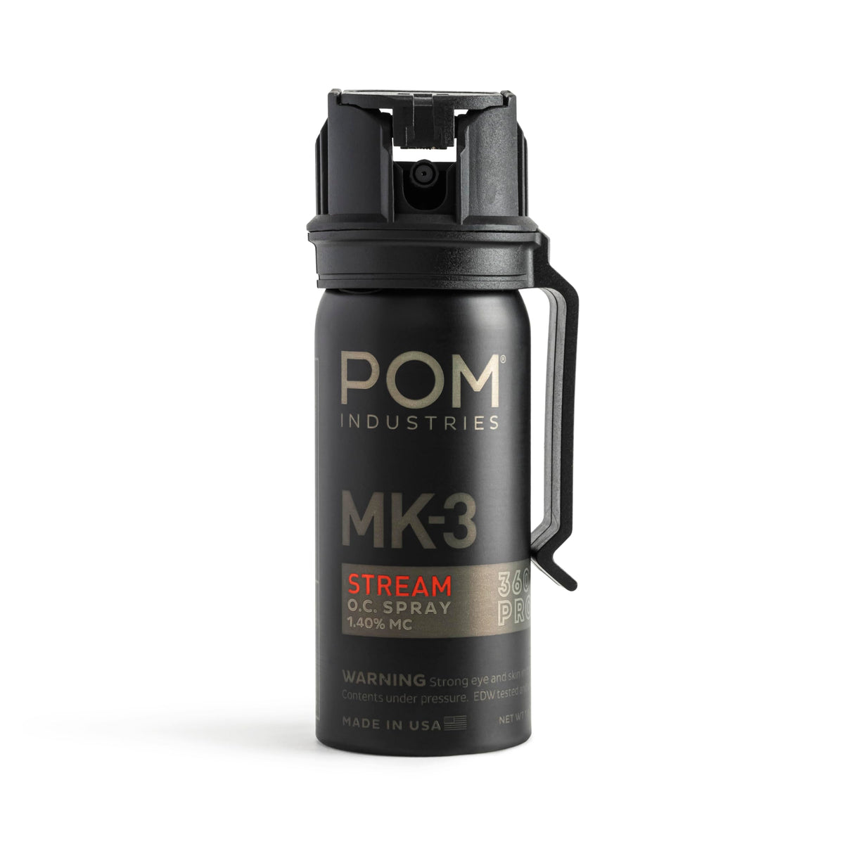 POM MK3 pepper spray front view with belt clip for fast, reliable access.