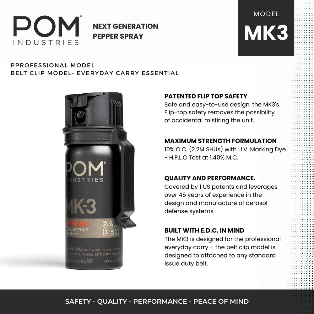 POM MK3 pepper spray side view shows safe activation and readiness.