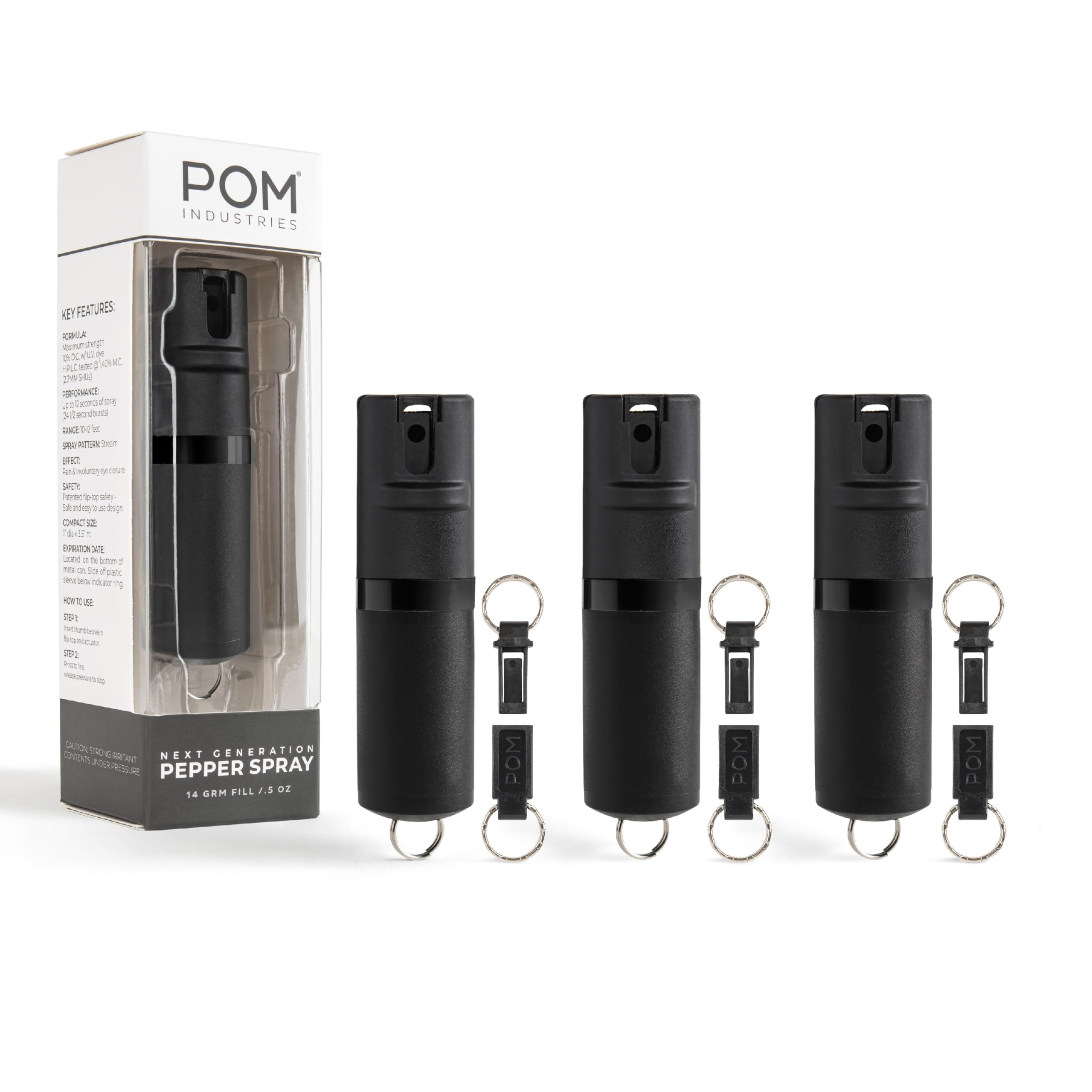 POM Premium Pepper Spray Keychain with quick-release for instant access during self-defense.
