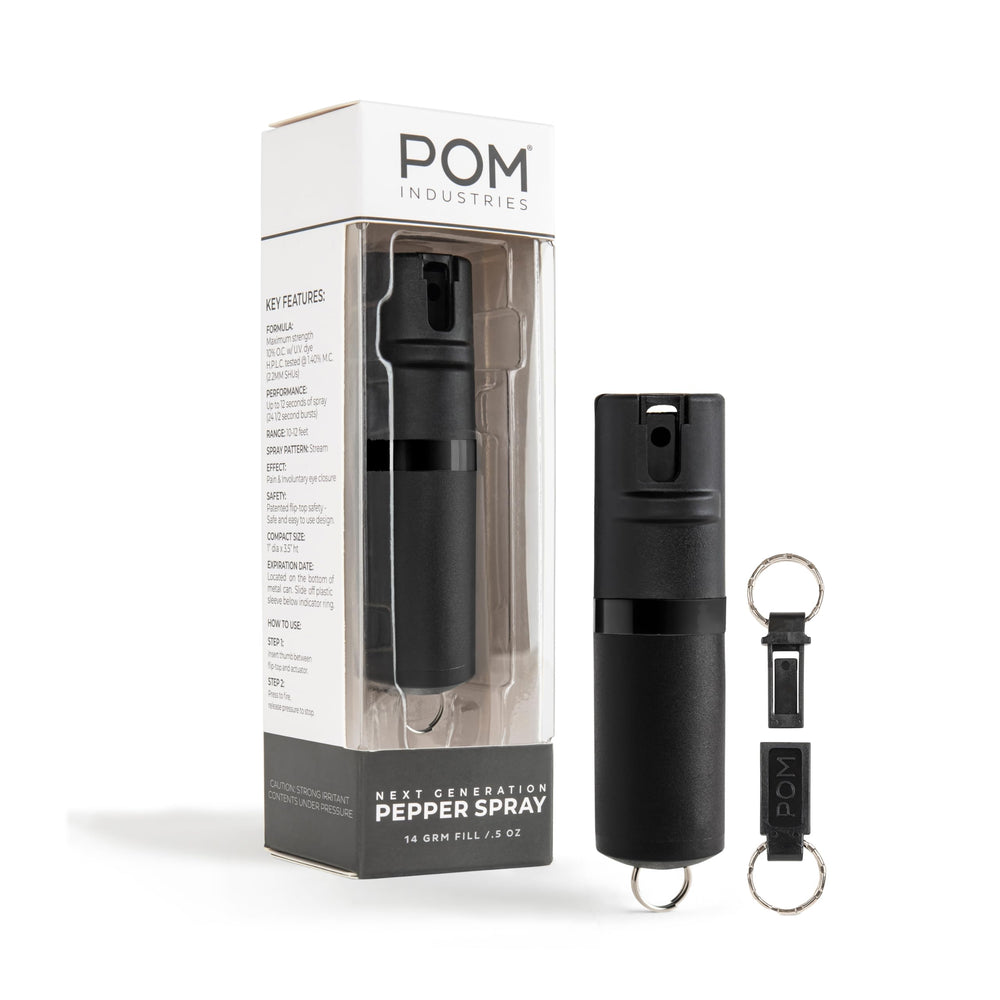 POM premium pepper spray keychain ready for everyday carry.