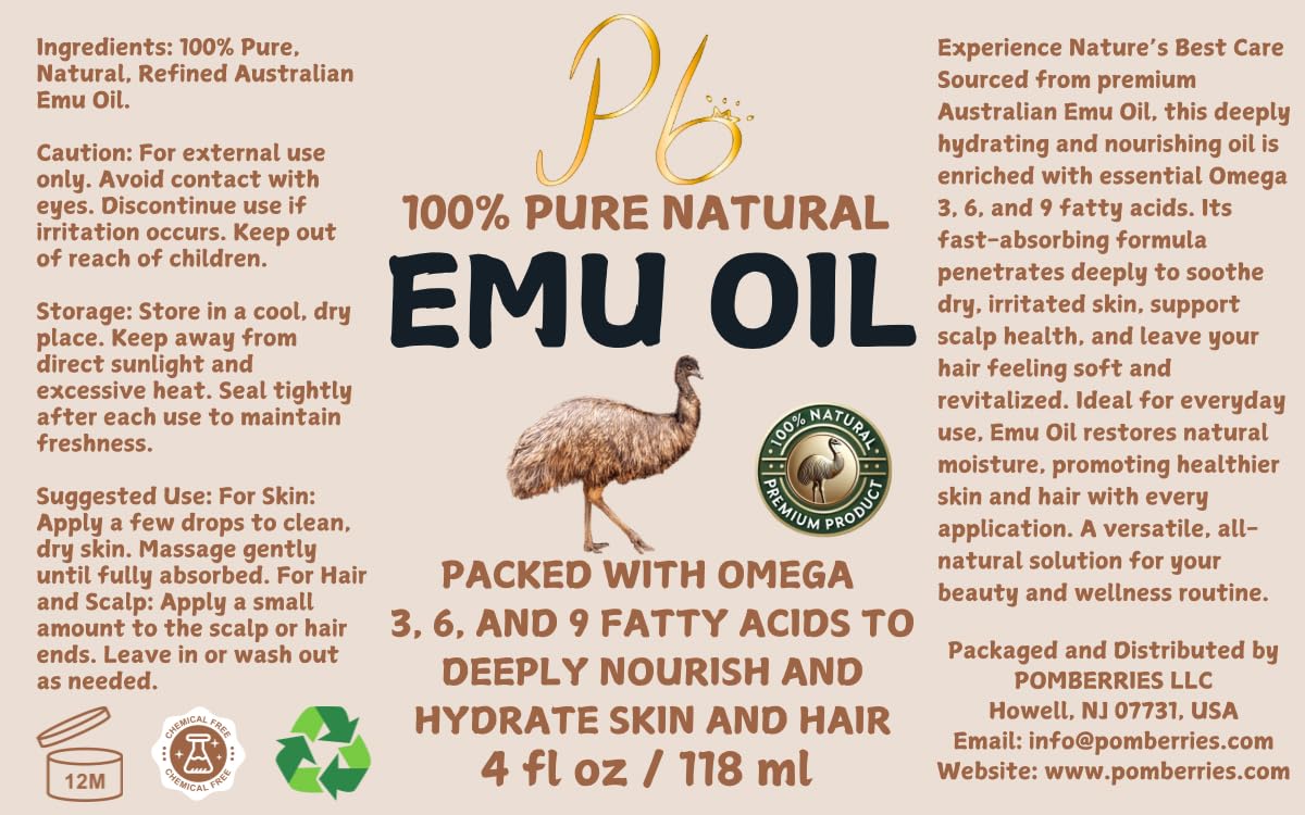 Pomberries Emu Oil 4 oz bottle fits daily skincare routines.