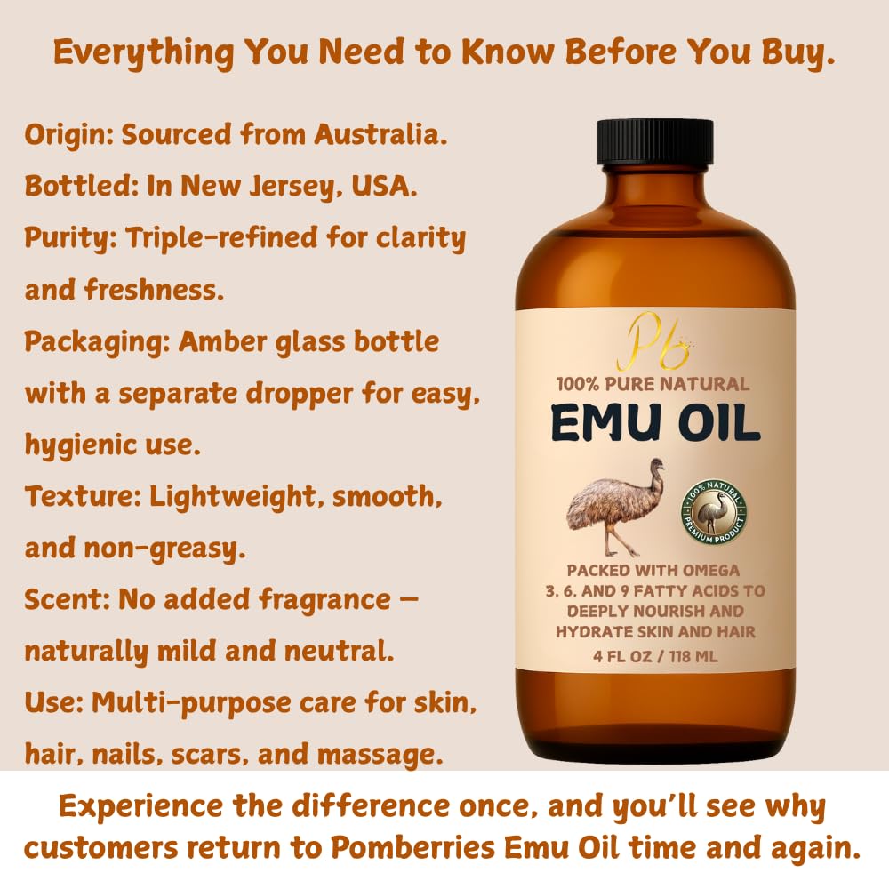 Pomberries Emu Oil packaging highlighting the glass bottle and dropper.