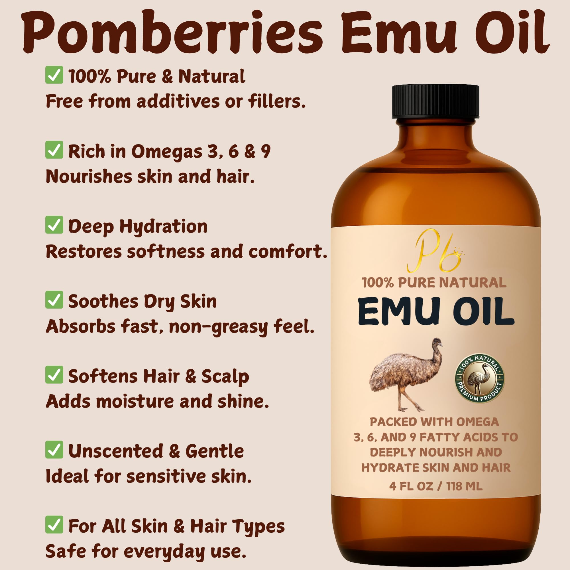 Pomberries Emu Oil unscented formula suited for sensitive skin.