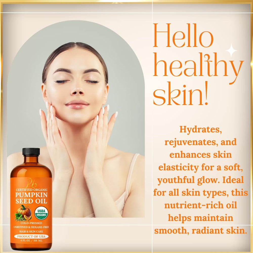 Pomberries hand holding pumpkin seed oil demonstrating lightweight feel