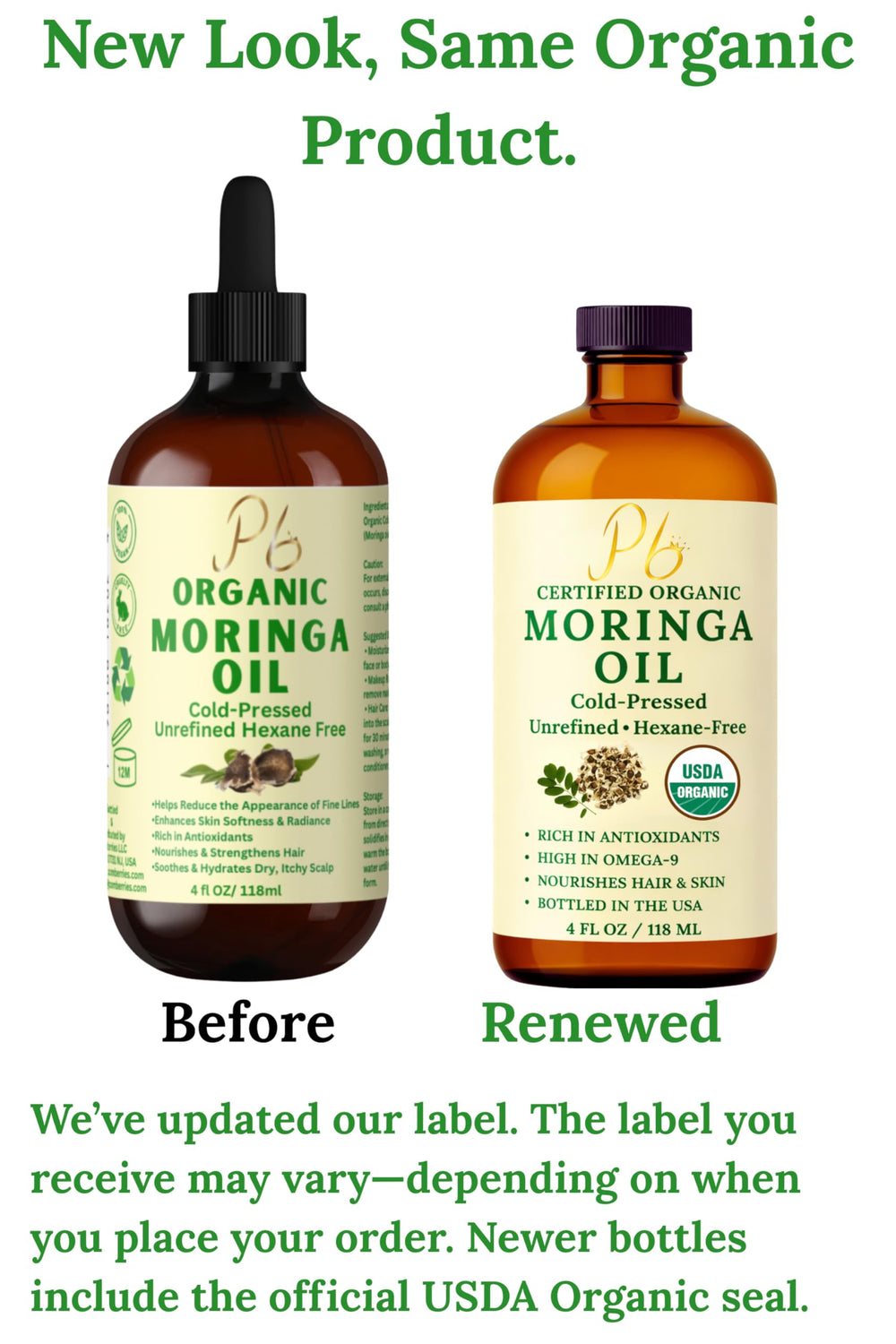 Pomberries Moringa Oil label close-up showing organic certification