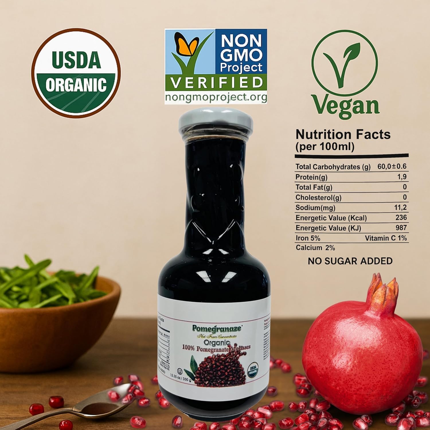 Pomegranaze 12oz glass bottle close-up highlights premium packaging and freshness.