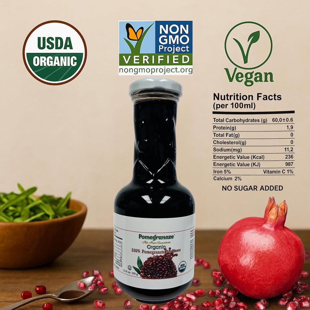 Pomegranaze 12oz glass bottle close-up highlights premium packaging and freshness.