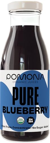 Pomona Blueberry Juice 12-pack in recyclable glass bottles for eco-friendly storage.