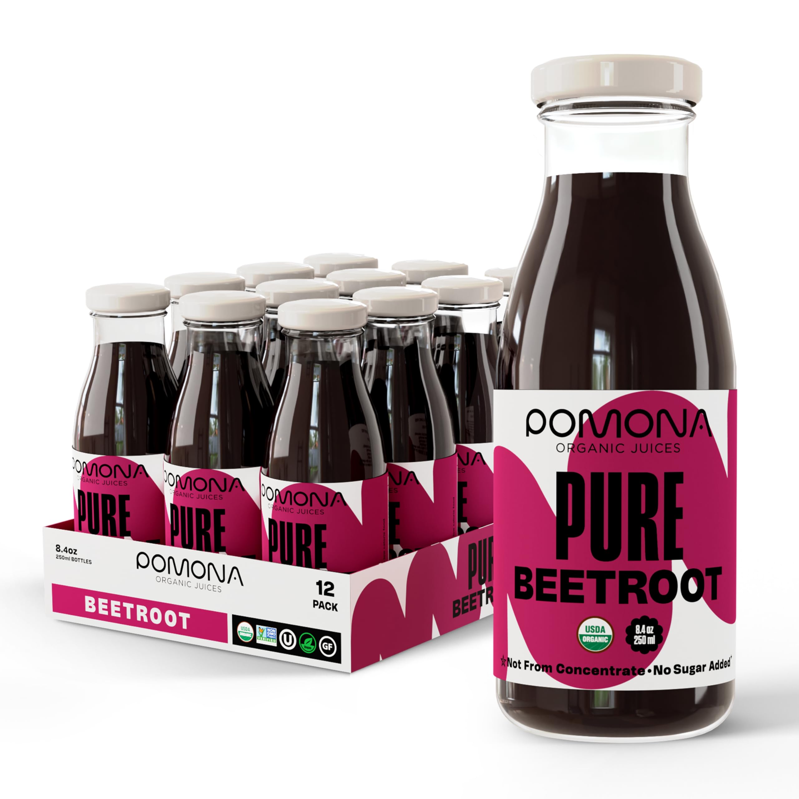Pomona Organic Beet Juice bottle 8.4 oz, ideal for on-the-go refreshment.