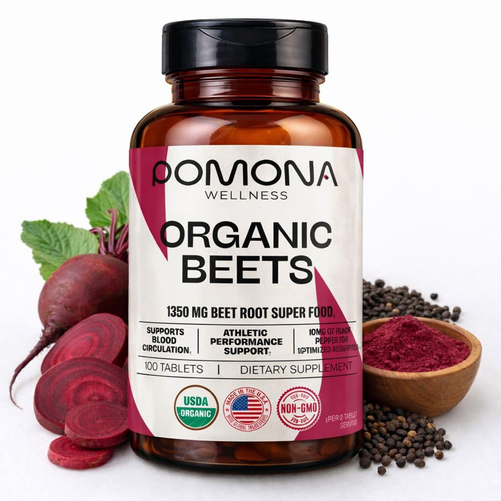Pomona Wellness beetroot supplement powder bottle pour; supports energy and circulation for vegan, organic routines.
